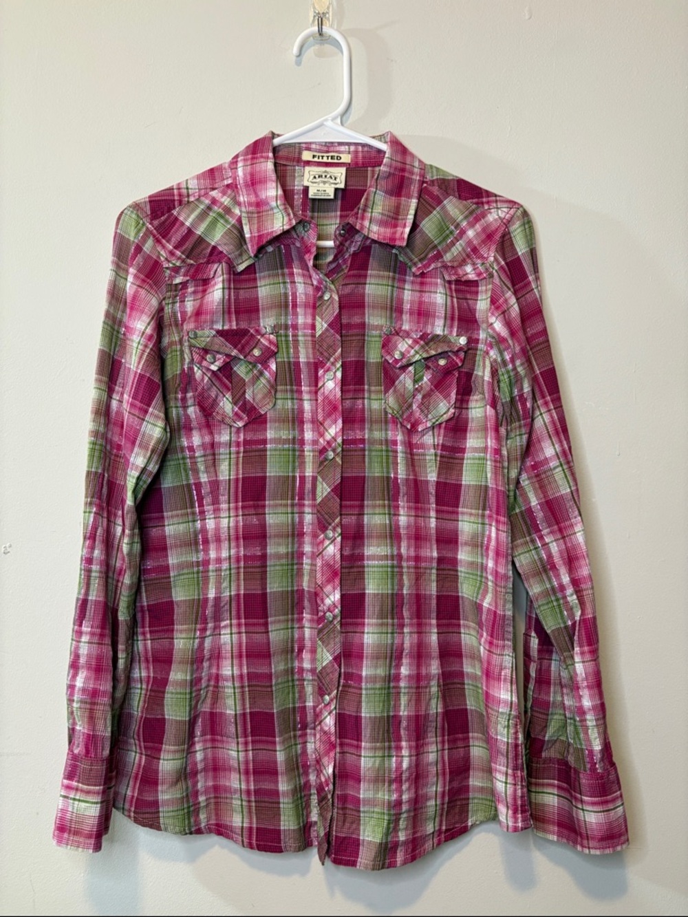 Ariat Fitted Western Snap Metallic Pink and Green Rodeo Cowgirl Plaid Cotton - Picture 3 of 5